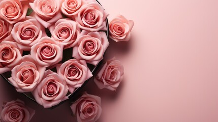  a bunch of pink roses are in a heart shaped box.  generative ai