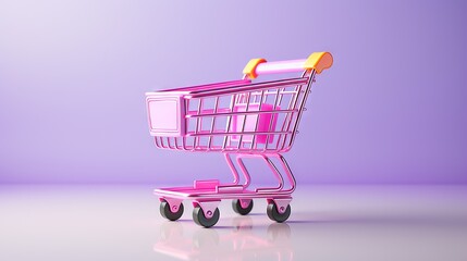 a pink shopping cart with a yellow handle on a purple background.  generative ai