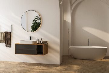 Bright bathroom interior with wooden vanity, bathtub, parquet floor. 3d rendering