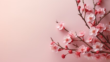  a branch with pink flowers on a pink background with copy - space.  generative ai