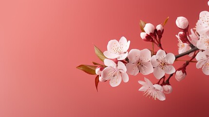 Fototapeta na wymiar a branch of a blossoming cherry tree against a pink background. generative ai