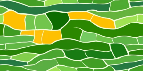 Foto auf Acrylglas Grün Top view of agricultural land with crops. Abstract seamless pattern of farm fields of grass, barley, wheat, rye, corn soybeans. Green and yellow agricultural plants. Aerial view of a flat landscape