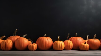 Naklejka na ściany i meble a row of pumpkins sitting on top of a table. generative ai
