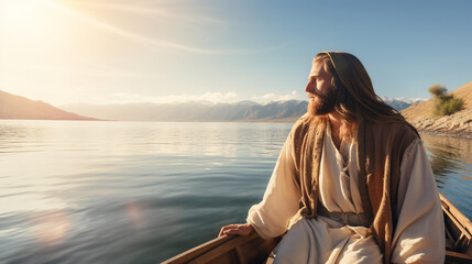 Fototapeta premium Jesus Christ is sitting in a boat in the middle of the lake. Christian religious background, banner.