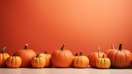  a row of pumpkins sitting in front of a red wall.  generative ai