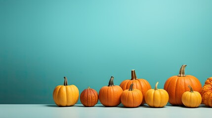  a row of pumpkins sitting on top of a table.  generative ai