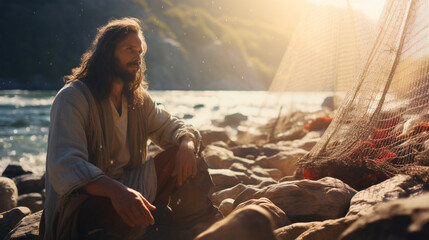 Jesus Christ is fishing with fishermen. Christian religious background, banner.
