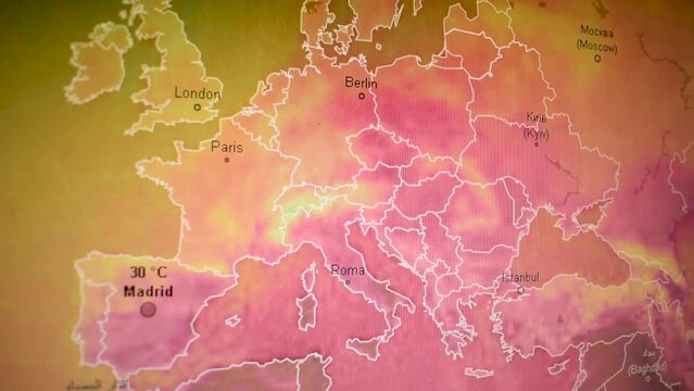 Hot climate over Europe satellite. Camera shot computer screen monitor. Camera shot computer screen monitor. Pixels visible. 