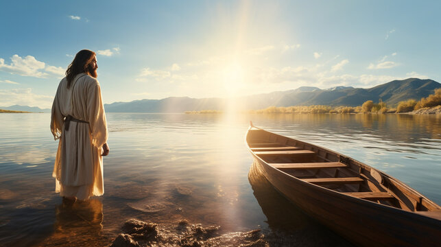 Jesus Christ on the shore of the lake with a boat. The preaching of Christ. Christian religious background, banner. Biblical Illustration