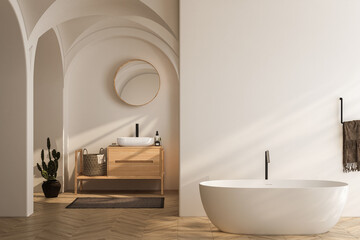 Fototapeta na wymiar Bright bathroom interior with wooden vanity, bathtub, parquet floor