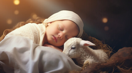 Christmas card. Baby Jesus Christ with a lamb. The nativity scene. Christian Religious background