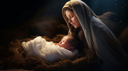 Christmas. Jesus Christ in the manger, the Virgin Mary. Christian Christmas illustration, banner, background. © Svitlana Vorotniak
