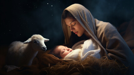 Christmas. The Virgin Mary with the newborn Jesus Christ in a manger in a cave with a lamb. The...