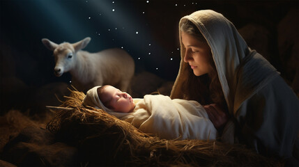 Christmas. The Virgin Mary with the newborn Jesus Christ in a manger in a cave with a lamb. The nativity scene. Christian religious illustration, background, banner © Svitlana Vorotniak