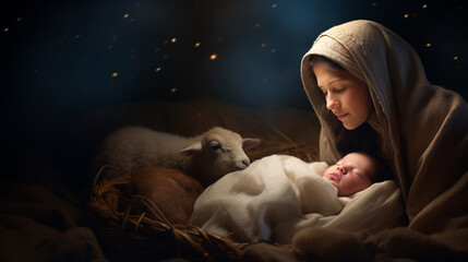 Christmas. The Virgin Mary with the newborn Jesus Christ in a manger in a cave with a lamb. The nativity scene. Christian religious illustration, background, banner