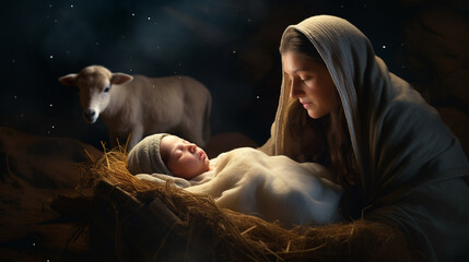 Christmas. The Virgin Mary with the newborn Jesus Christ in a manger in a cave with a lamb. The nativity scene. Christian religious illustration, background, banner - obrazy, fototapety, plakaty