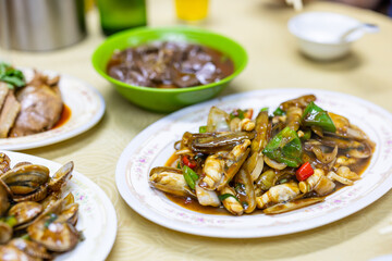 Fototapeta na wymiar Asian food fried razor clam with soy sauce