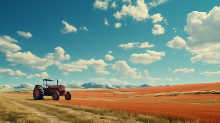 Scenic farm background with tractor under clear sky