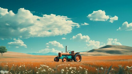 Fototapeta premium Scenic farm background with tractor under clear sky