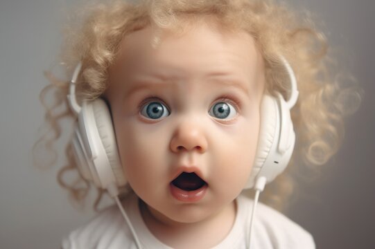 Naklejka cheerful surprised baby 6 months old wearing headphones to listen to music, music with a positive effect on the concept of cognitive development of the child. generative AI