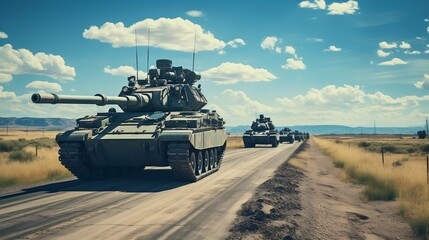 Convoy of heavy military tanks under clear sky