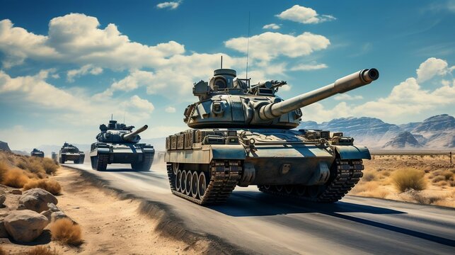 Convoy of heavy military tanks under clear sky