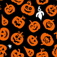 Seamless vector pattern for Halloween design. Halloween symbols: pumpkin, spider, ghost in cartoon style. Vector Illustration