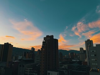 Colorful sunset in the city of Medellin in summer. Medellin, Antioquia, Colombia.