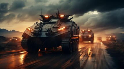 A convoy of heavy military armored fighting vehicles