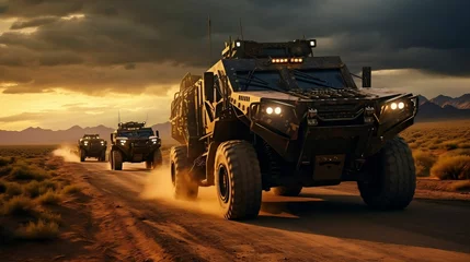 A convoy of heavy military armored fighting vehicles