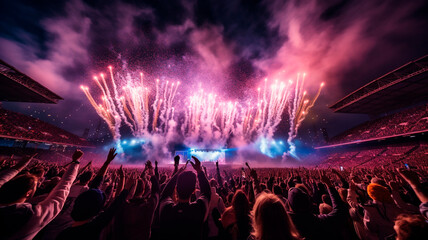 Plakat A live event, such as a concert or halftime show, taking place at a sports stadium. A large crowd of people cheering and enjoying the event. Spectacular fireworks or pyrotechnics illuminating the sky.