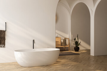 Bright bathroom interior with wooden vanity, bathtub, parquet floor.
