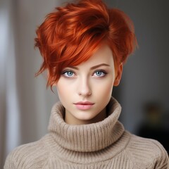 Fashion portrait of beautiful young red-haired woman with short hairstyle and professional make up.  Beautiful fashion model with stylish short hairstyle. - obrazy, fototapety, plakaty