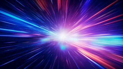 A background featuring light speed, hyperspace, and space warp. Colorful streaks of light converge towards the event horizon, creating a captivating visual display  - obrazy, fototapety, plakaty