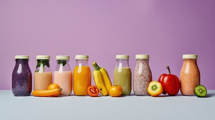  a row of bottles filled with different types of smoothies.  generative ai