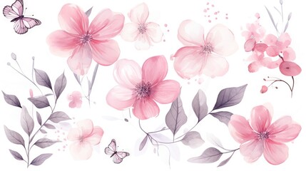  a bunch of flowers and butterflies on a white background with watercolor effect. generative ai