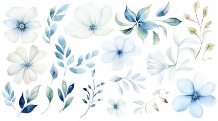  a set of watercolor flowers and leaves on a white background.  generative ai