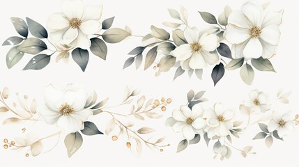  a set of white flowers with green leaves on a white background.  generative ai