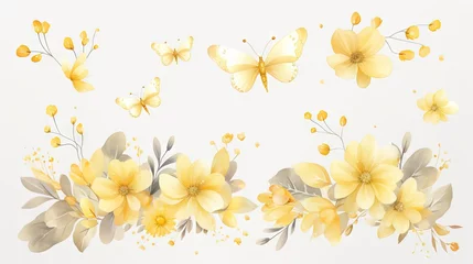 Behang  a painting of yellow flowers and butterflies on a white background.  generative ai © Shanti