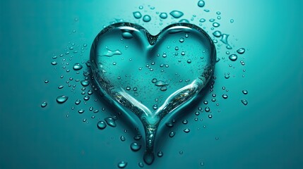  a heart made of water droplets on a blue background with a drop of water.  generative ai