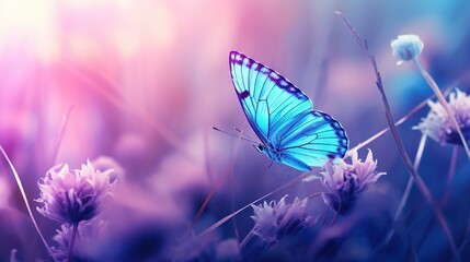  a blue butterfly sitting on top of a purple flower field.  generative ai