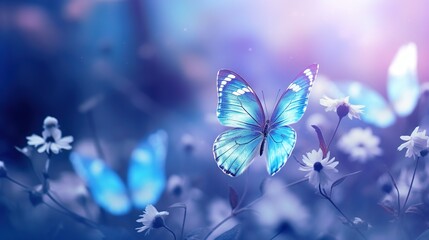  a blue butterfly flying over a field of white daisies.  generative ai