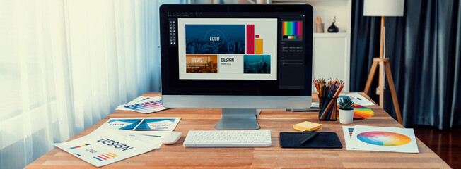 Panorama shot of creative various color palette idea arranged neatly display on computer screen for...