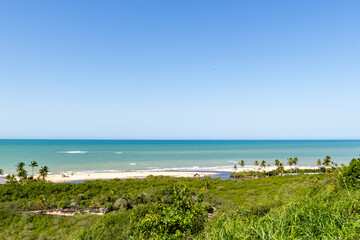 Aerial view of Praia dos Nativos and the old fishermen's house in Trancoso, Porto Seguro Bahia, Brazil
