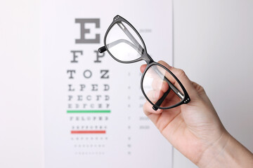 vision correction glasses in hand against the background of a vision test table with space for text