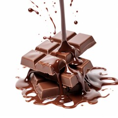Melted chocolate pouring into a piece of chocolate bars isolated on white background