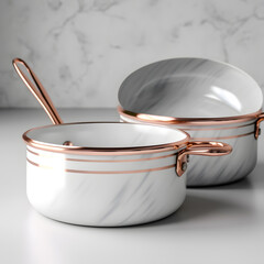 White enamel saucepans with copper stripes