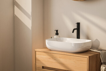 Fototapeta na wymiar Close up wooden vanity, white sink