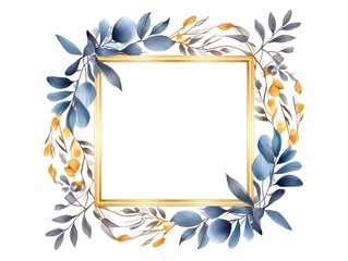 Square gold frame, blue and gold floral border mockup template