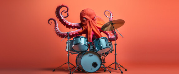 Octopus playing drums. Musician octopus play drums. Generative AI
